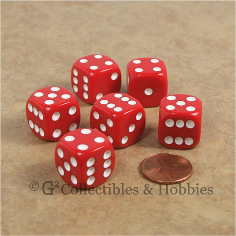 D6 16mm Rounded Edge Red with White Pips 6pc Dice Set
