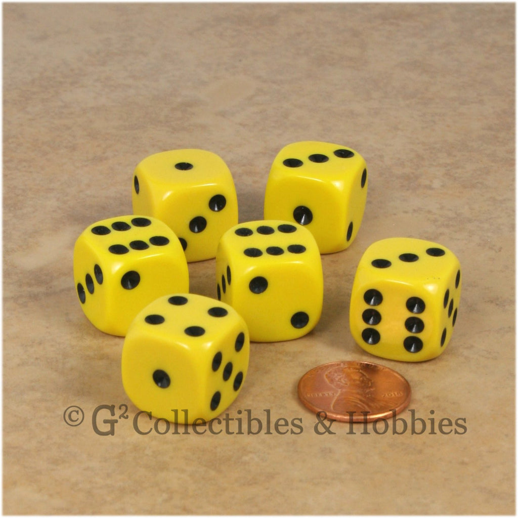 D6 16mm Rounded Edge Yellow with Black Pips 6pc Dice Set