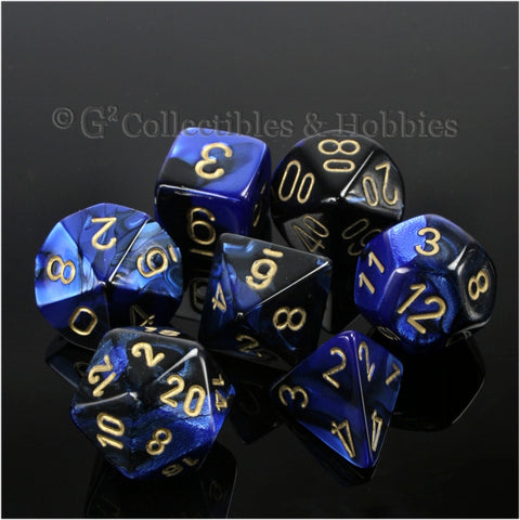 RPG Dice Set Gemini Black / Blue with Gold Numbers 7pc