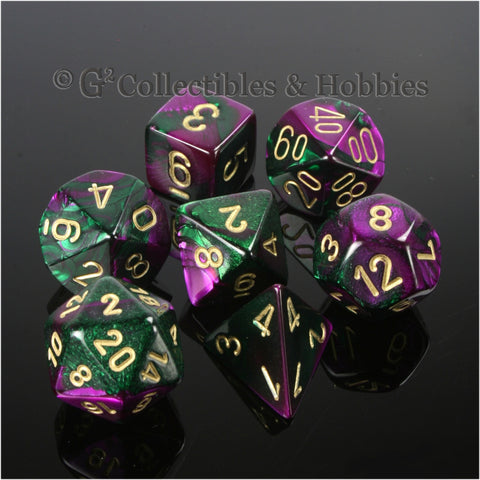 RPG Dice Set Gemini Purple / Green with Gold Numbers 7pc