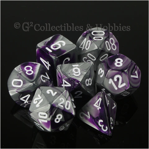 RPG Dice Set Gemini Purple / Steel Gray with White Numbers 7pc