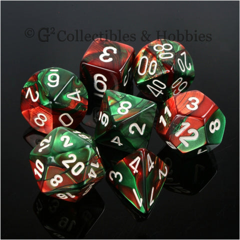 RPG Dice Set Gemini Green / Red with White Numbers 7pc