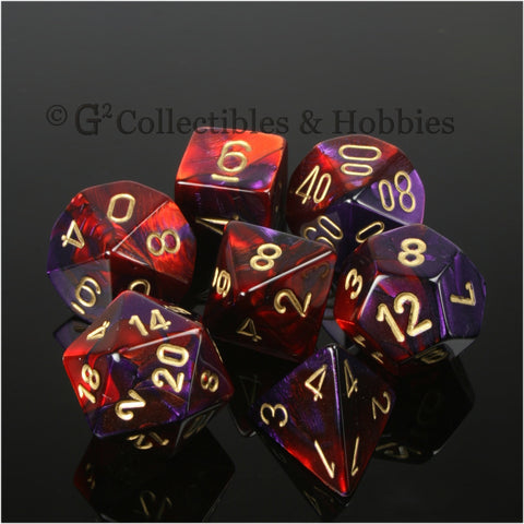 RPG Dice Set Gemini Purple / Red with Gold Numbers 7pc