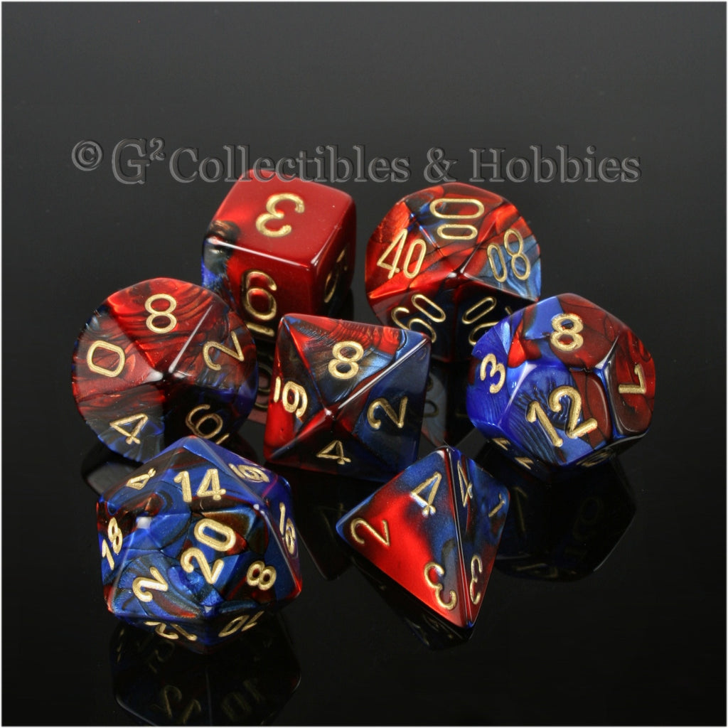 RPG Dice Set Gemini Blue / Red with Gold Numbers 7pc
