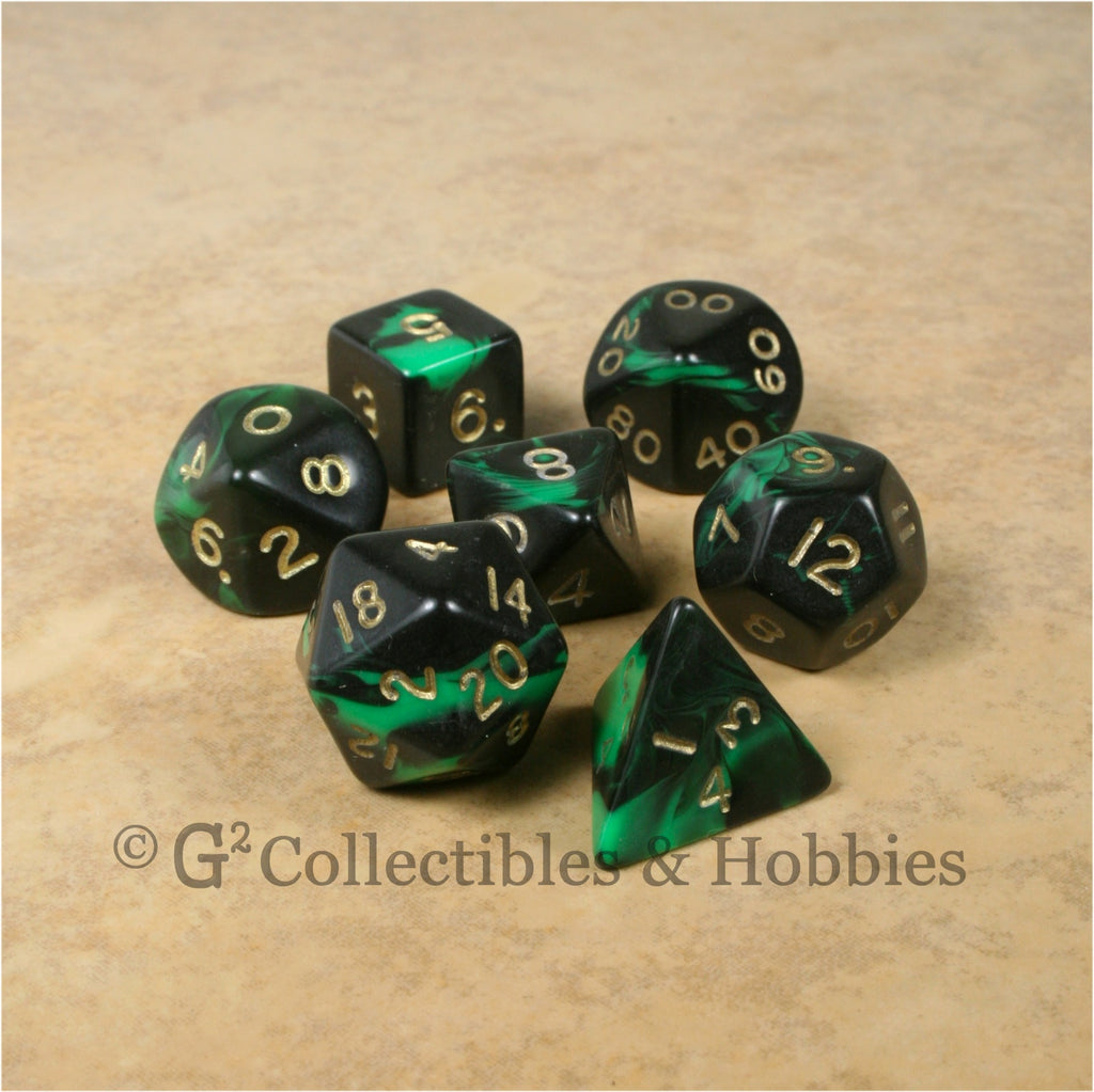 RPG Dice Set Oblivion Black Green with Gold Numbers 7pc