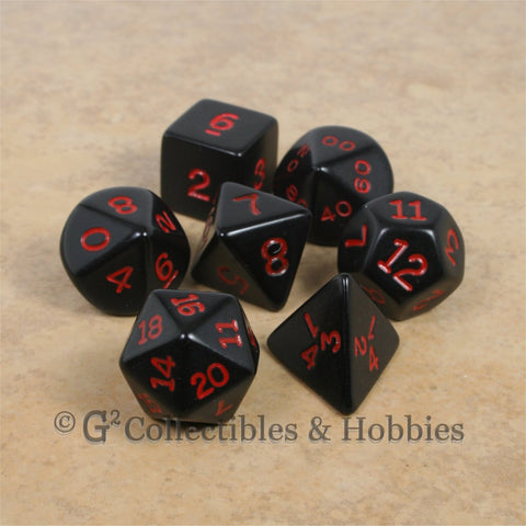 RPG Dice Set Opaque Black with Red Numbers 7pc