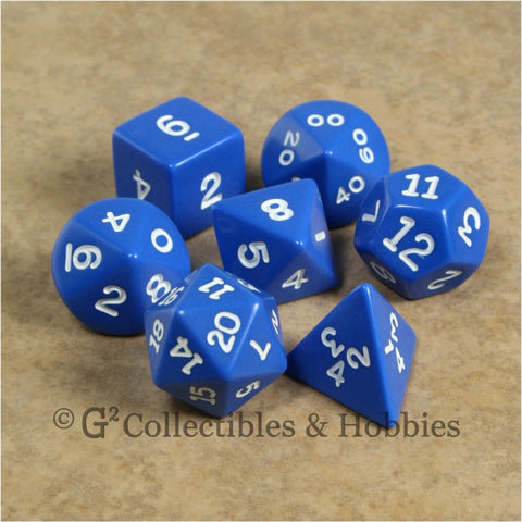 RPG Dice Set Opaque Blue with White Numbers 7pc