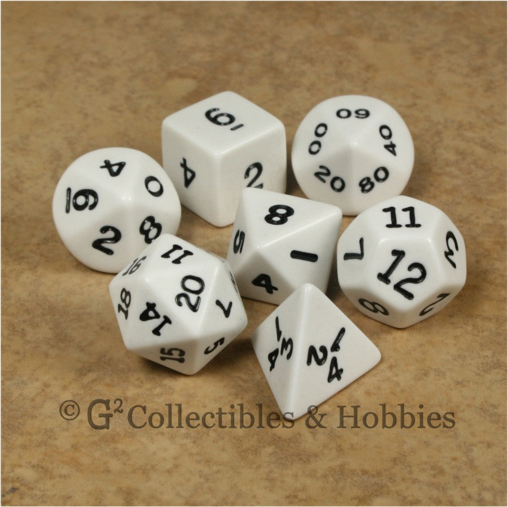 RPG Dice Set Opaque White with Black Numbers 7pc