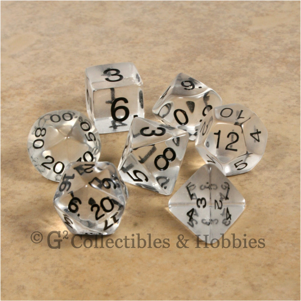 RPG Dice Set Transparent Clear with Black Numbers 7pc