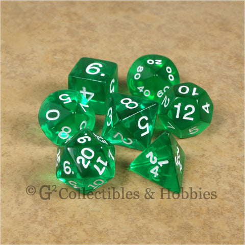 RPG Dice Set Transparent Green with White Numbers 7pc