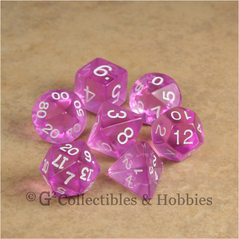 RPG Dice Set Transparent Orchid with White Numbers 7pc
