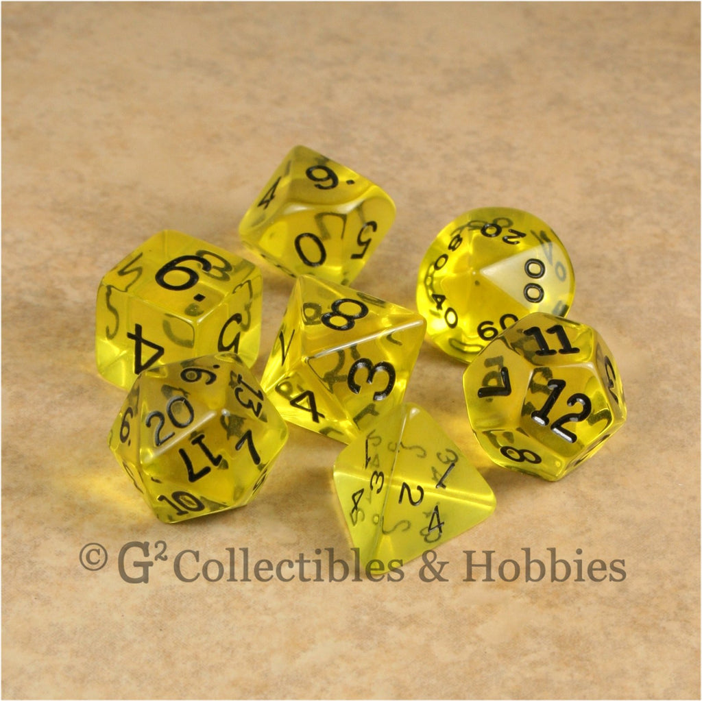 RPG Dice Set Transparent Yellow with Black Numbers 7pc