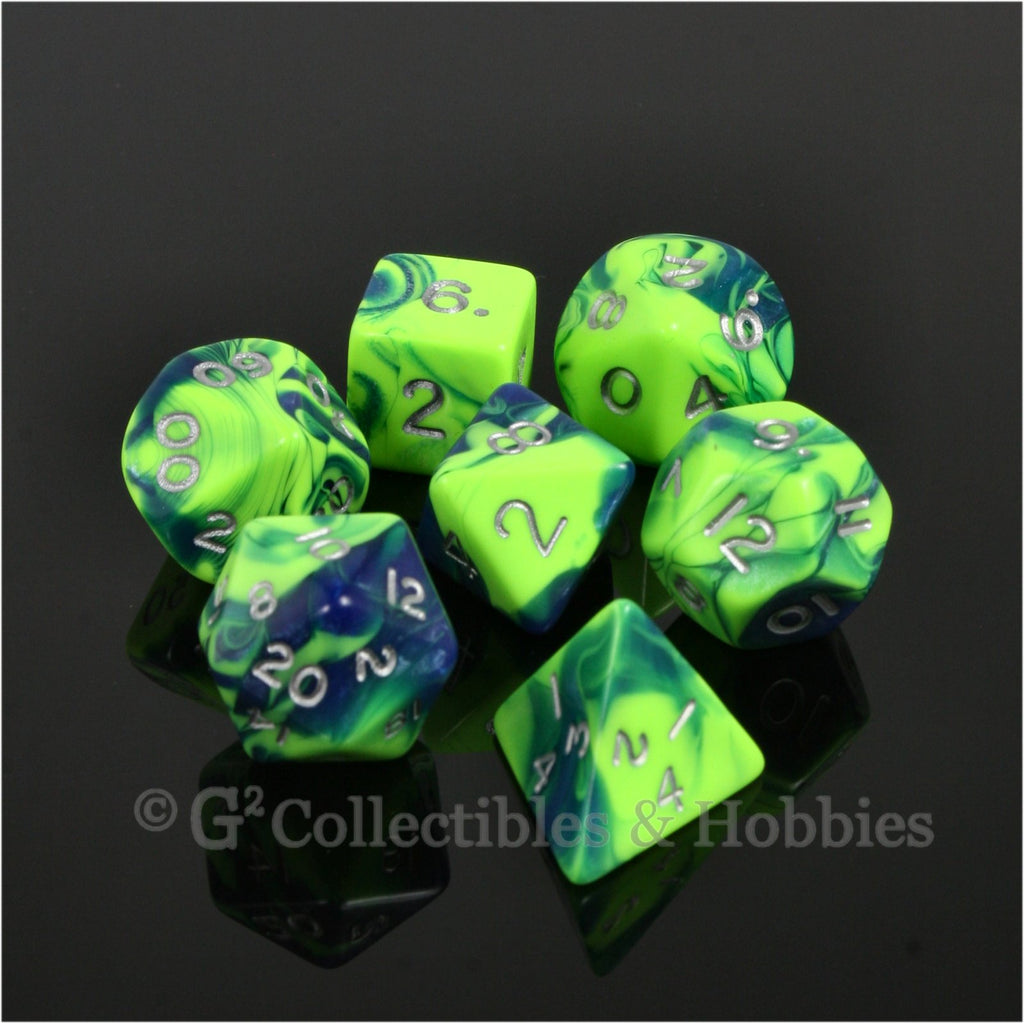 RPG Dice Set Toxic Green Blue with Silver Numbers 7pc