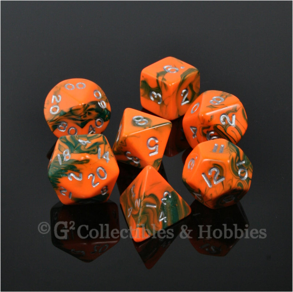 RPG Dice Set Toxic Orange Green with Silver Numbers 7pc