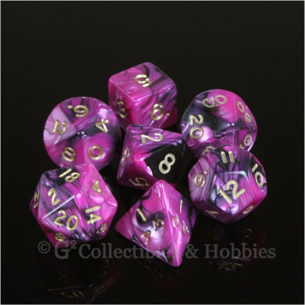 RPG Dice Set Toxic Pink Black with Gold Numbers 7pc