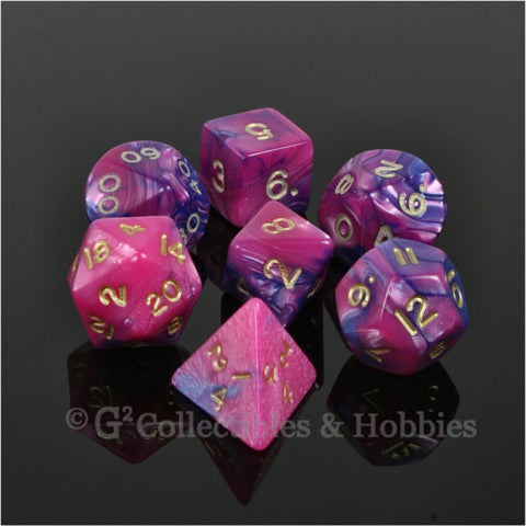 RPG Dice Set Toxic Pink Blue with Gold Numbers 7pc