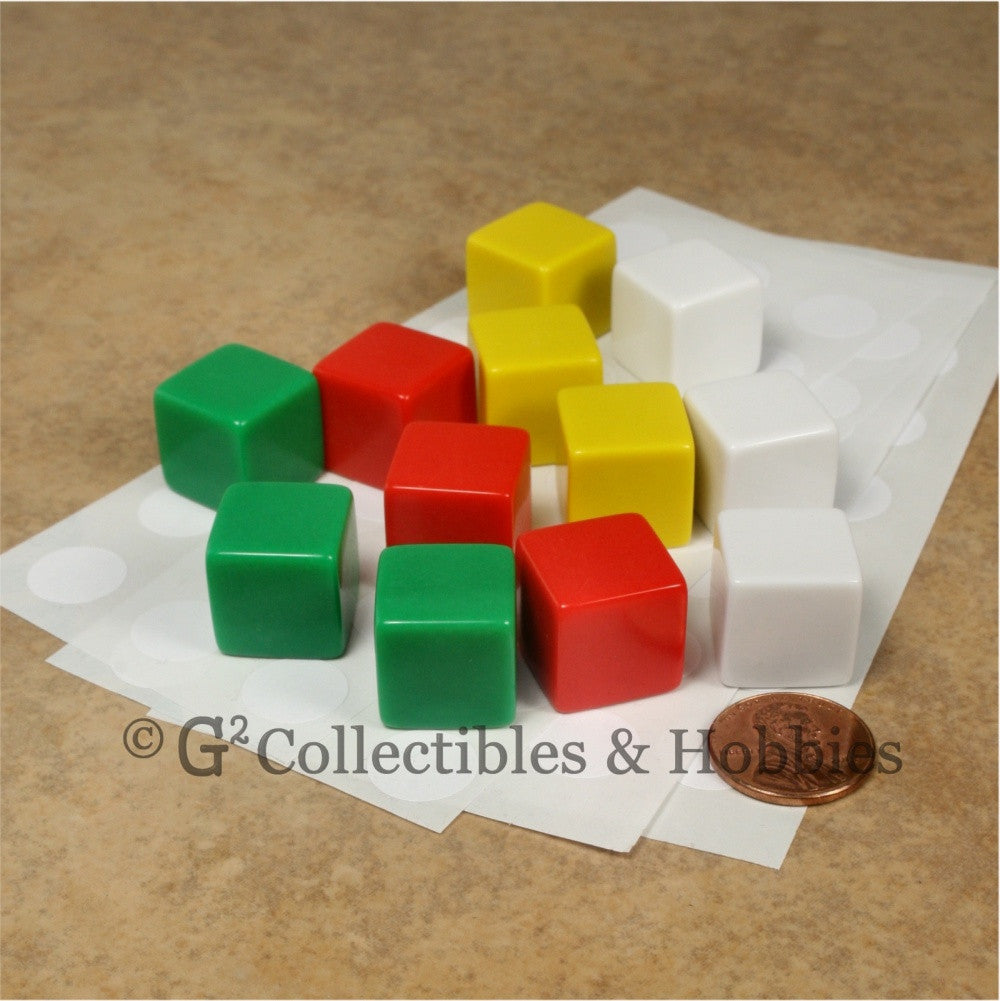 D6 16mm Blank 12pc Dice Set - Green, Red, Yellow & White