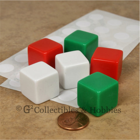 D6 19mm Blank 6pc Dice Set - Red, Green & White