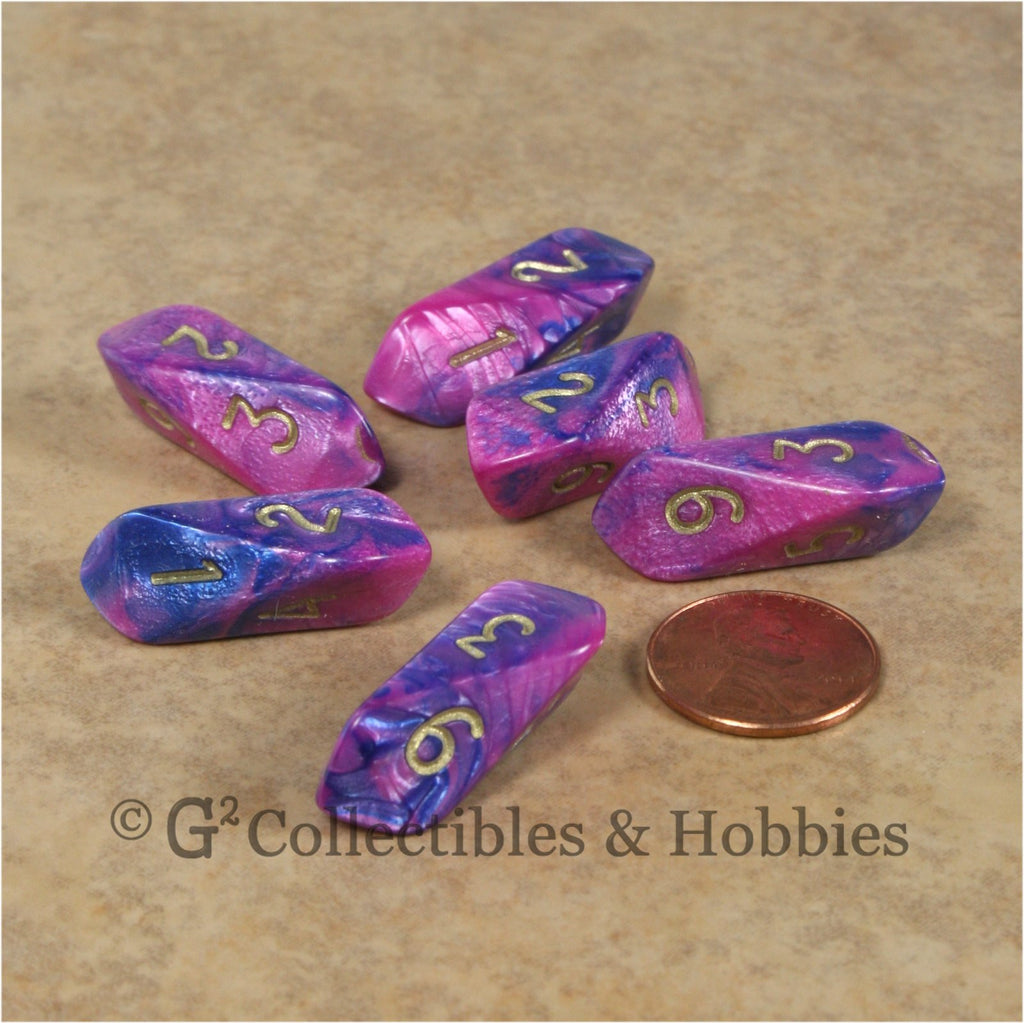 D6 Crystal Toxic Dice 6pc Set - Pink Blue with Gold Numbers