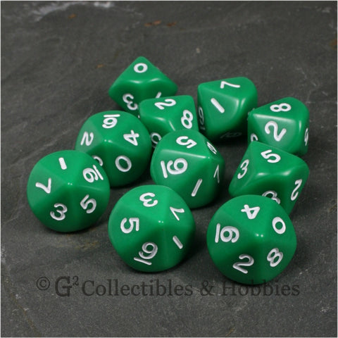 D10 Opaque Green with White Numbers 10pc Dice Set