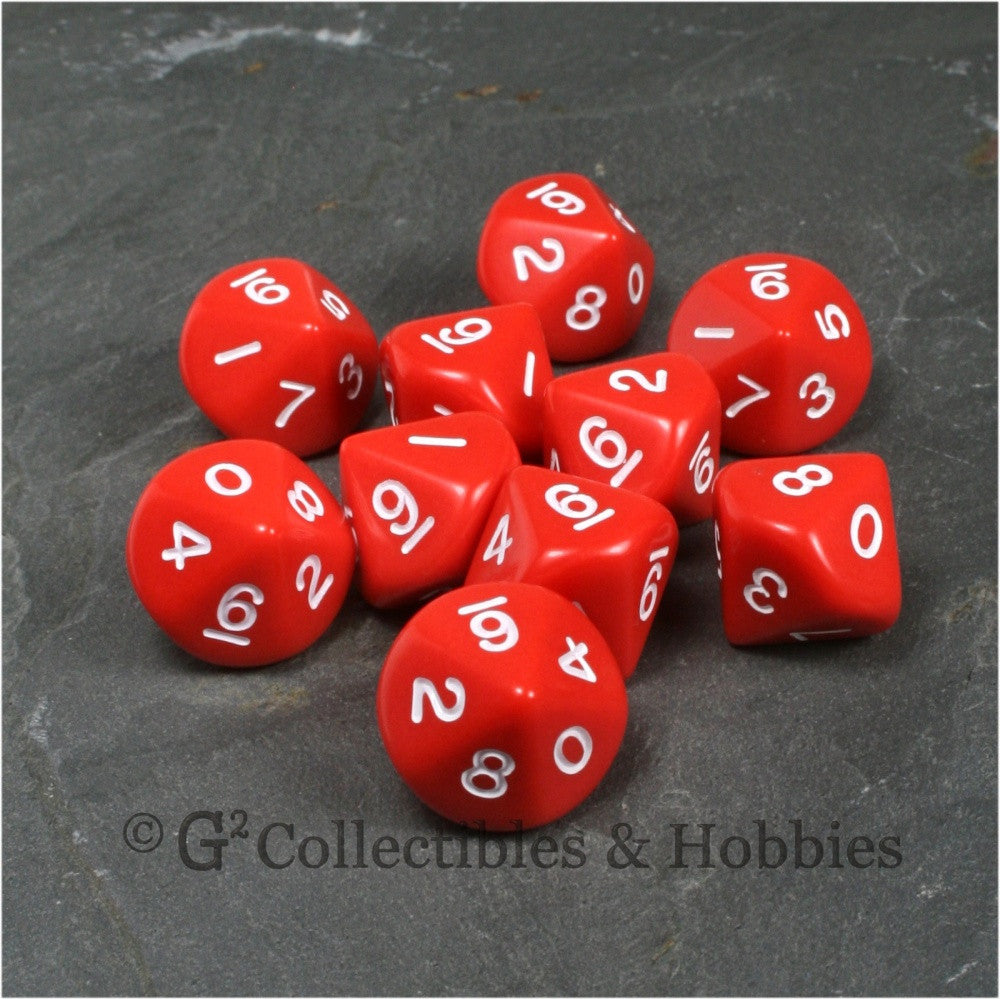 D10 Opaque Red with White Numbers 10pc Dice Set