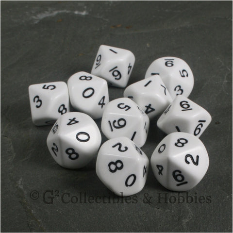 D10 Opaque White with Black Numbers 10pc Dice Set