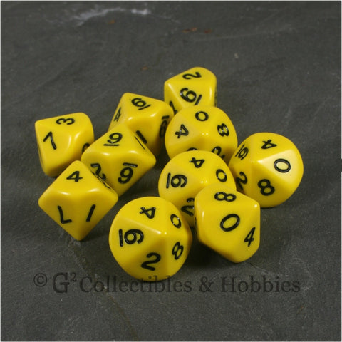 D10 Opaque Yellow with Black Numbers 10pc Dice Set