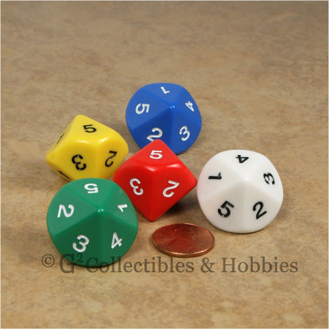 D5 (10 sided) 1 to 5 Twice 20mm Dice Set 5pc - 5 Colors
