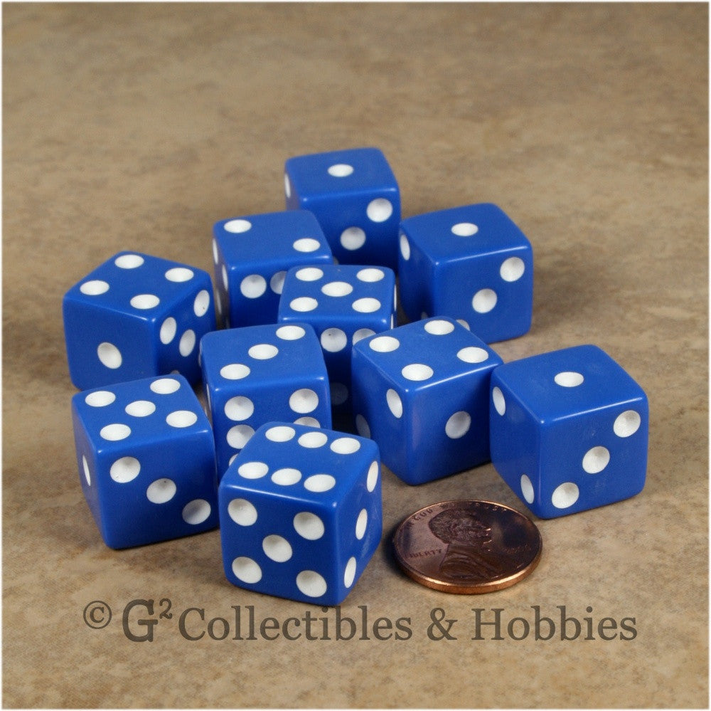 D6 16mm Opaque Blue with White Pips 10pc Dice Set
