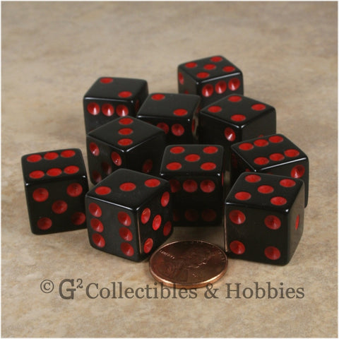 D6 16mm Opaque Black with Red Pips 10pc Dice Set
