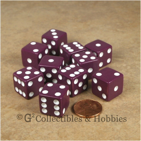 D6 16mm Opaque Purple with White Pips 10pc Dice Set