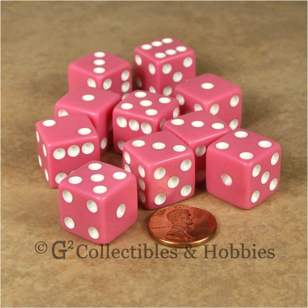 D6 16mm Opaque Pink with White Pips 10pc Dice Set