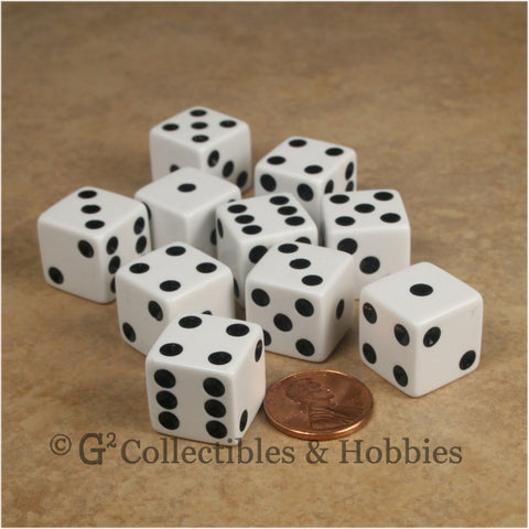 D6 16mm Opaque White with Black Pips 10pc Dice Set
