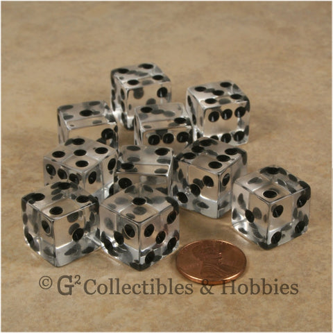 D6 16mm Transparent Clear with Black Pips 10pc Dice Set
