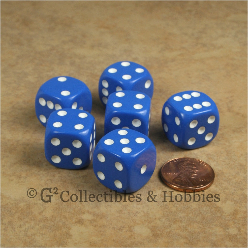 D6 16mm Rounded Edge Blue with White Pips 6pc Dice Set