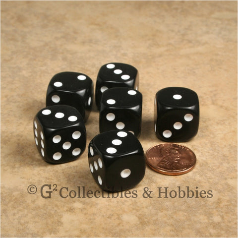 D6 16mm Rounded Edge Black with White Pips 6pc Dice Set