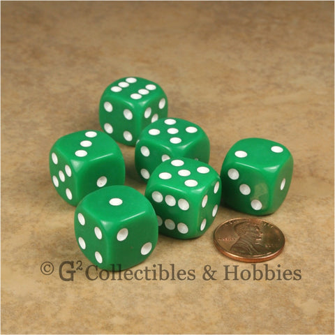 D6 16mm Rounded Edge Green with White Pips 6pc Dice Set