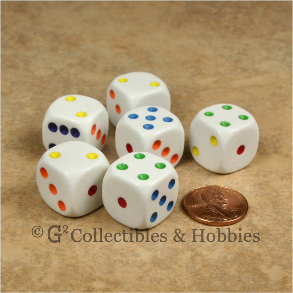 D6 16mm Rounded Edge White with Multicolor Pips 6pc Dice Set