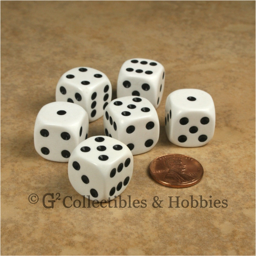 D6 16mm Rounded Edge White with Black Pips 6pc Dice Set