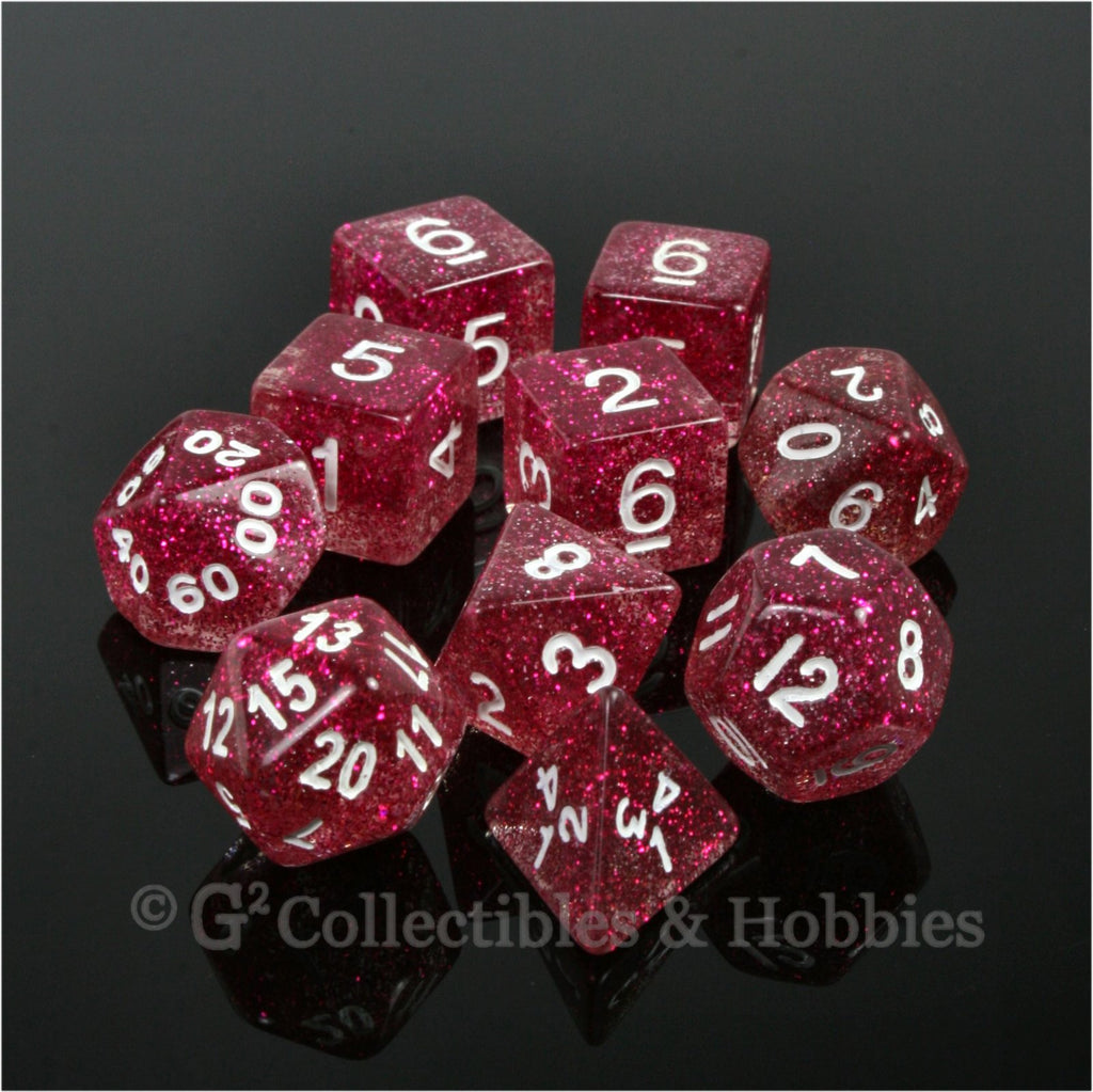 RPG Dice Set Glitter Purple Red with White Numbers 10pc