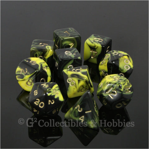 RPG Dice Set Oblivion Black Yellow with Gold Numbers 10pc