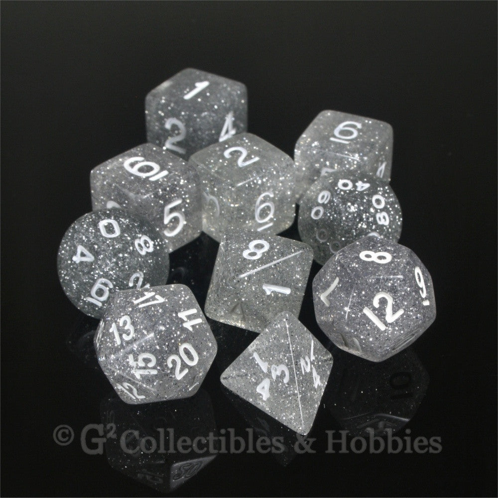 RPG Dice Set Glitter Clear with White Numbers 10pc