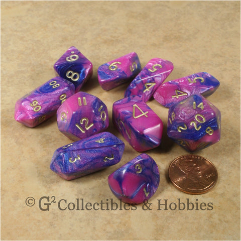 RPG Dice Set Hybrid Toxic Pink Blue with Gold Numbers 10pc