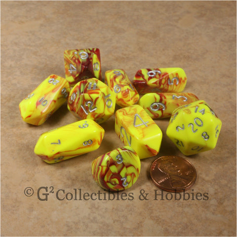 RPG Dice Set Hybrid Toxic Yellow Red with Silver Numbers 10pc