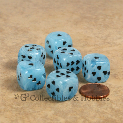 D6 16mm Cirrus Swirl with Heart Pips 6pc Dice Set - Blue