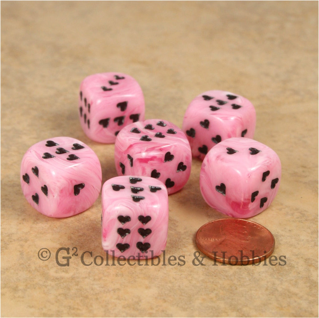 D6 16mm Cirrus Swirl with Heart Pips 6pc Dice Set - Pink