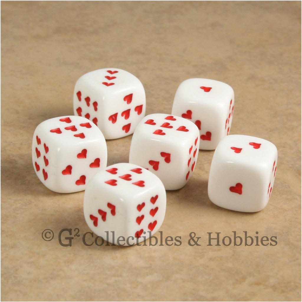 D6 16mm White with Red Heart Pips 6pc Dice Set