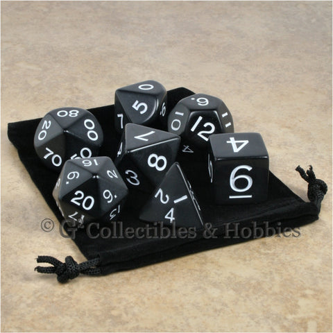 Jumbo RPG 7pc Dice & Bag Set - Black with White Numbers