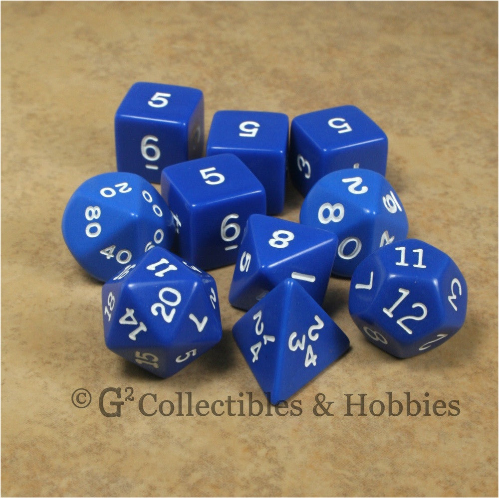RPG Dice Set Opaque Blue with White Numbers 10pc
