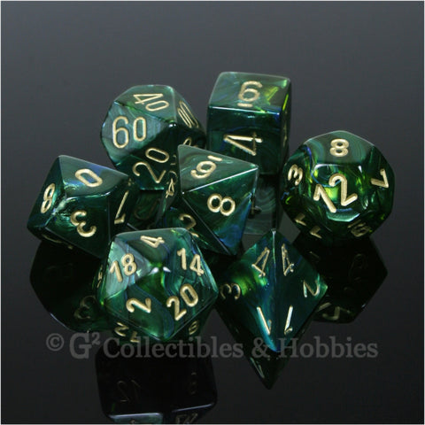 RPG Dice Set Scarab Jade Green / Blue with Gold Numbers 7pc